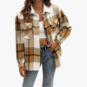 Womens Plaid Shacket Button Down Fall Flannel Shacket Khaki, XL NWOT